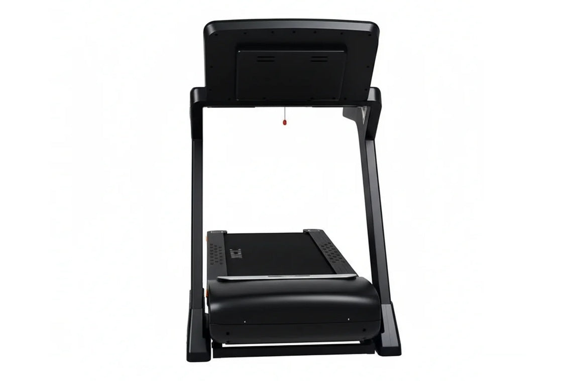 Black folding treadmill with touch console display and cushioned running belt, front view on white background