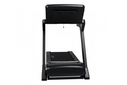Black folding treadmill with touch console display and cushioned running belt, front view on white background