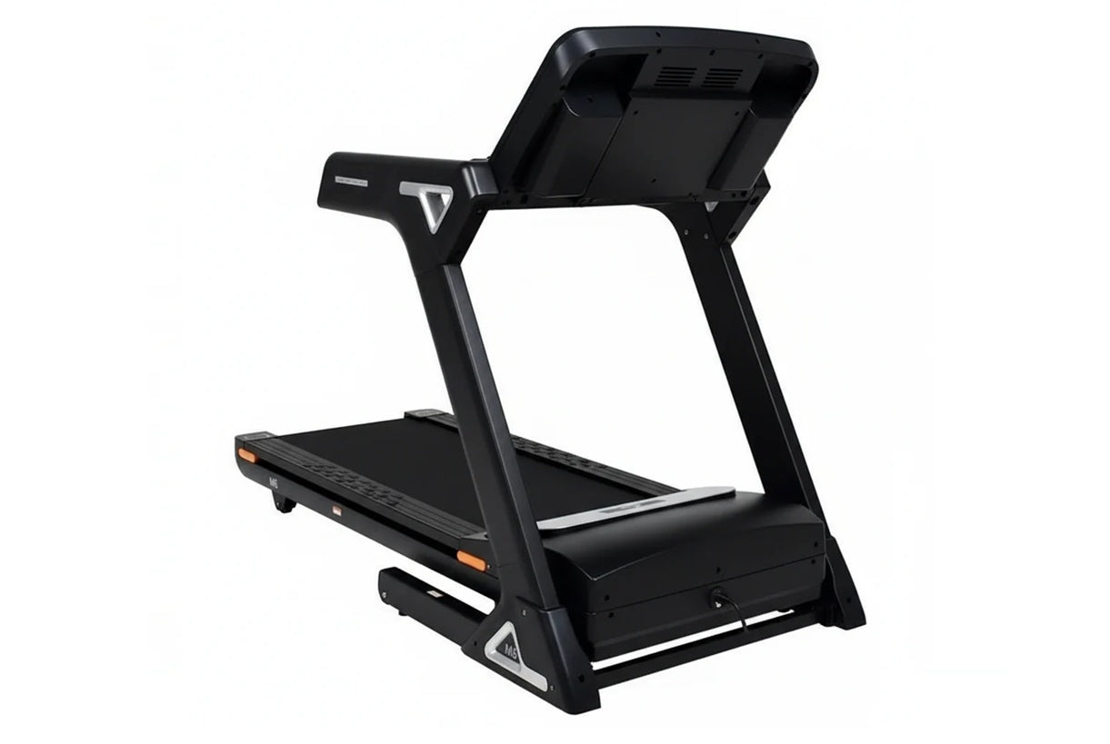 Black heavy-duty folding treadmill with digital touch console display, wide running deck, and orange safety indicators on whi