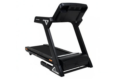 Black heavy-duty folding treadmill with digital touch console display, wide running deck, and orange safety indicators on whi