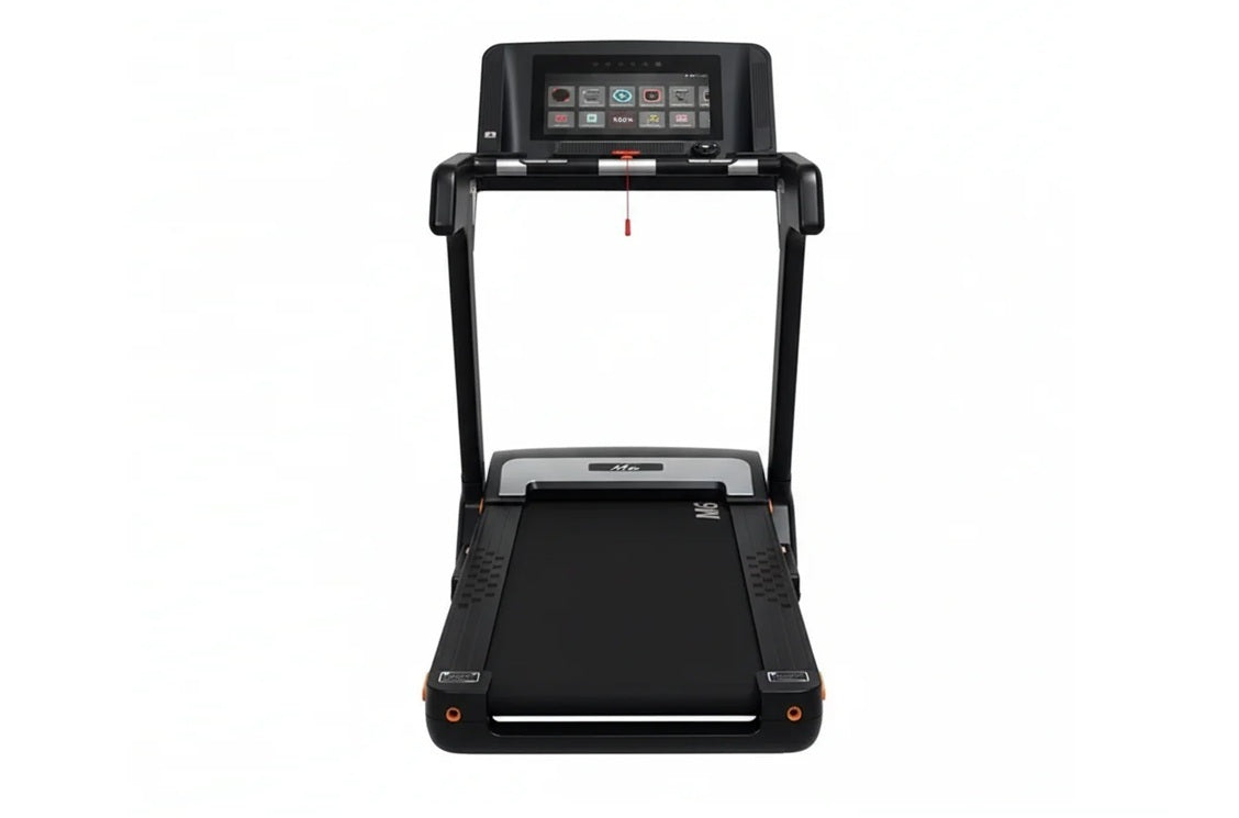 Black heavy-duty folding treadmill with touch screen console displaying fitness metrics and controls, viewed from front on wh