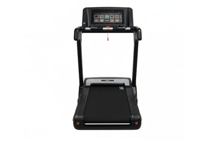 Black heavy-duty folding treadmill with touch screen console displaying fitness metrics and controls, viewed from front on wh