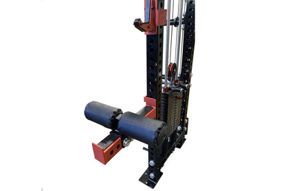 Black and red cable crossover pulley power rack with dual blue cylindrical weights and chrome bars on white background