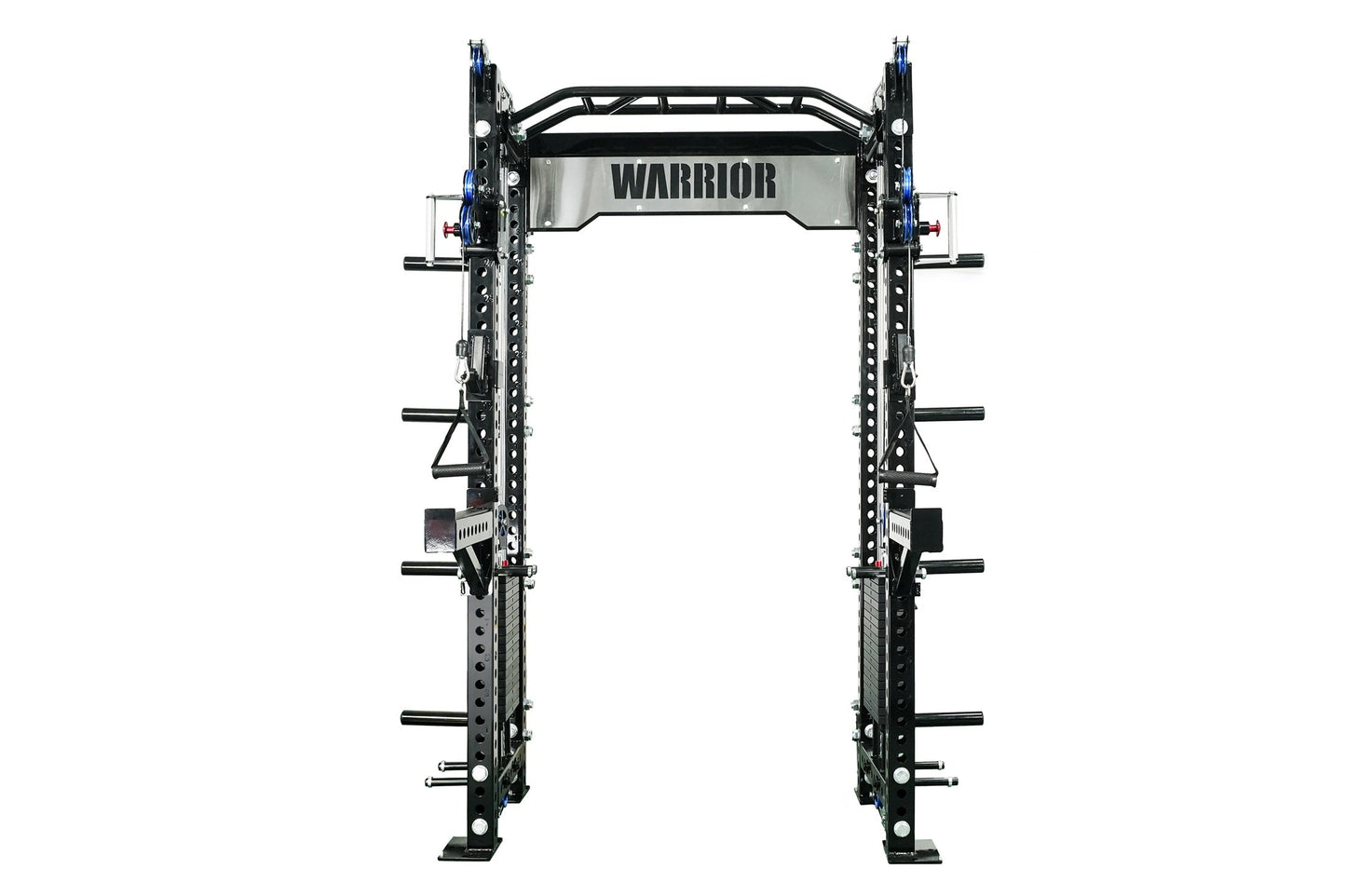 Warrior 2.0 black cable crossover power rack with dual blue pulleys, perforated uprights, multiple weight pegs, and bar stora