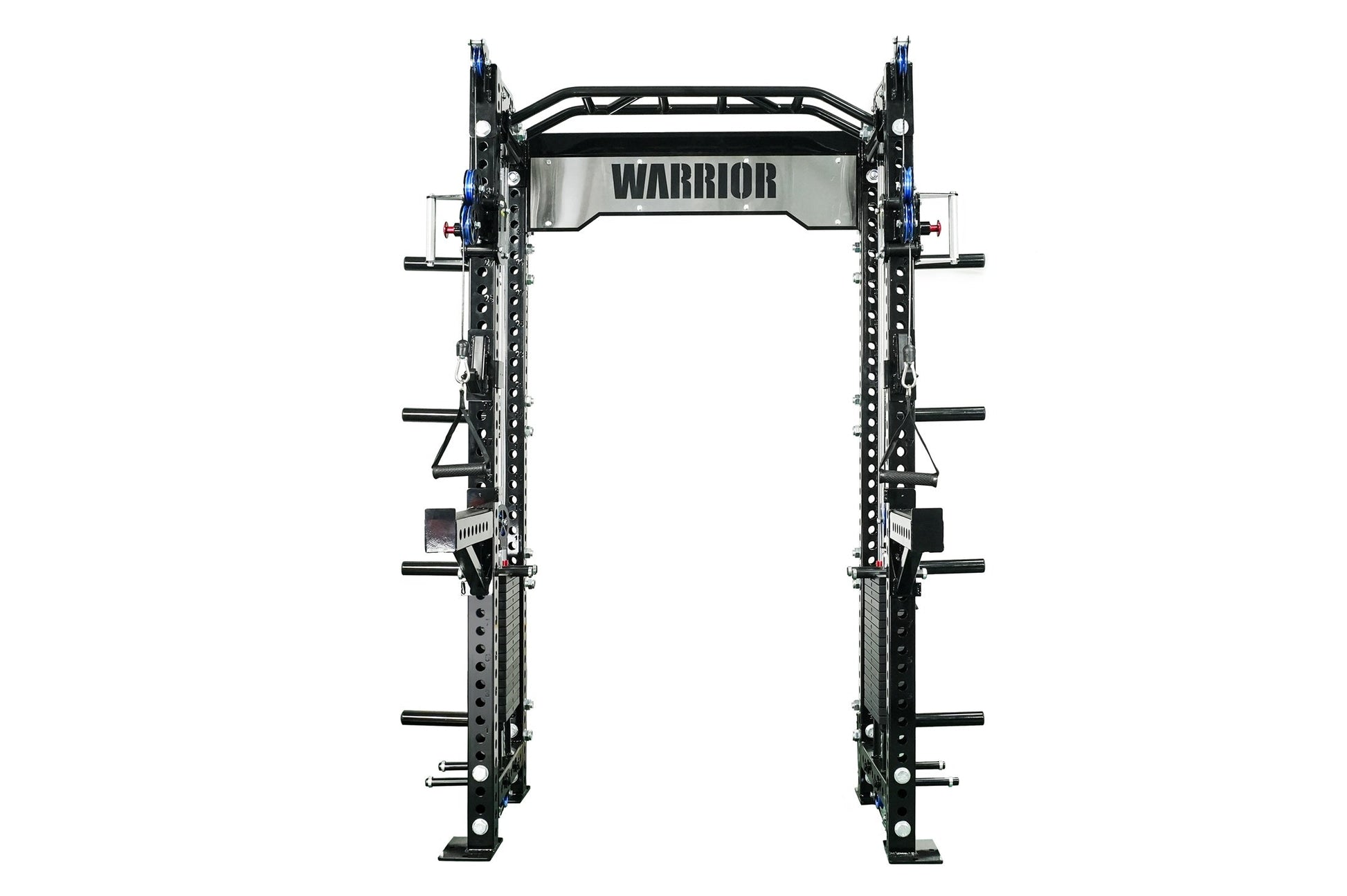 Warrior 2.0 black cable crossover power rack with dual blue pulleys, perforated uprights, multiple weight pegs, and bar stora