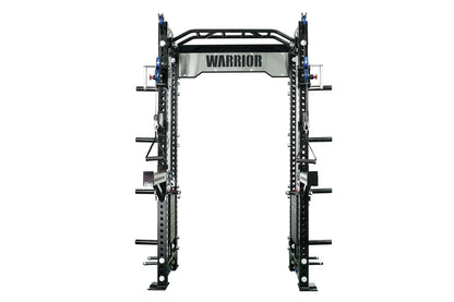 Warrior 2.0 black cable crossover power rack with dual blue pulleys, perforated uprights, multiple weight pegs, and bar stora