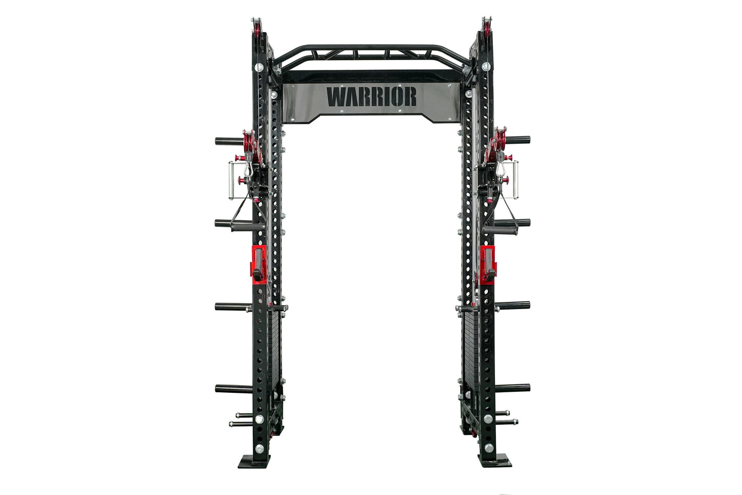 Warrior 2.0 black and red cable crossover power rack with dual pulleys and adjustable barbells on white background