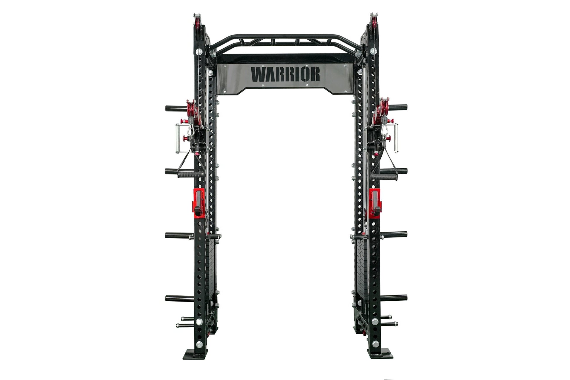 Warrior 2.0 black and red cable crossover power rack with dual pulleys and adjustable barbells on white background