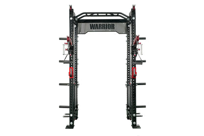 Warrior 2.0 black and red cable crossover power rack with dual pulleys and adjustable barbells on white background