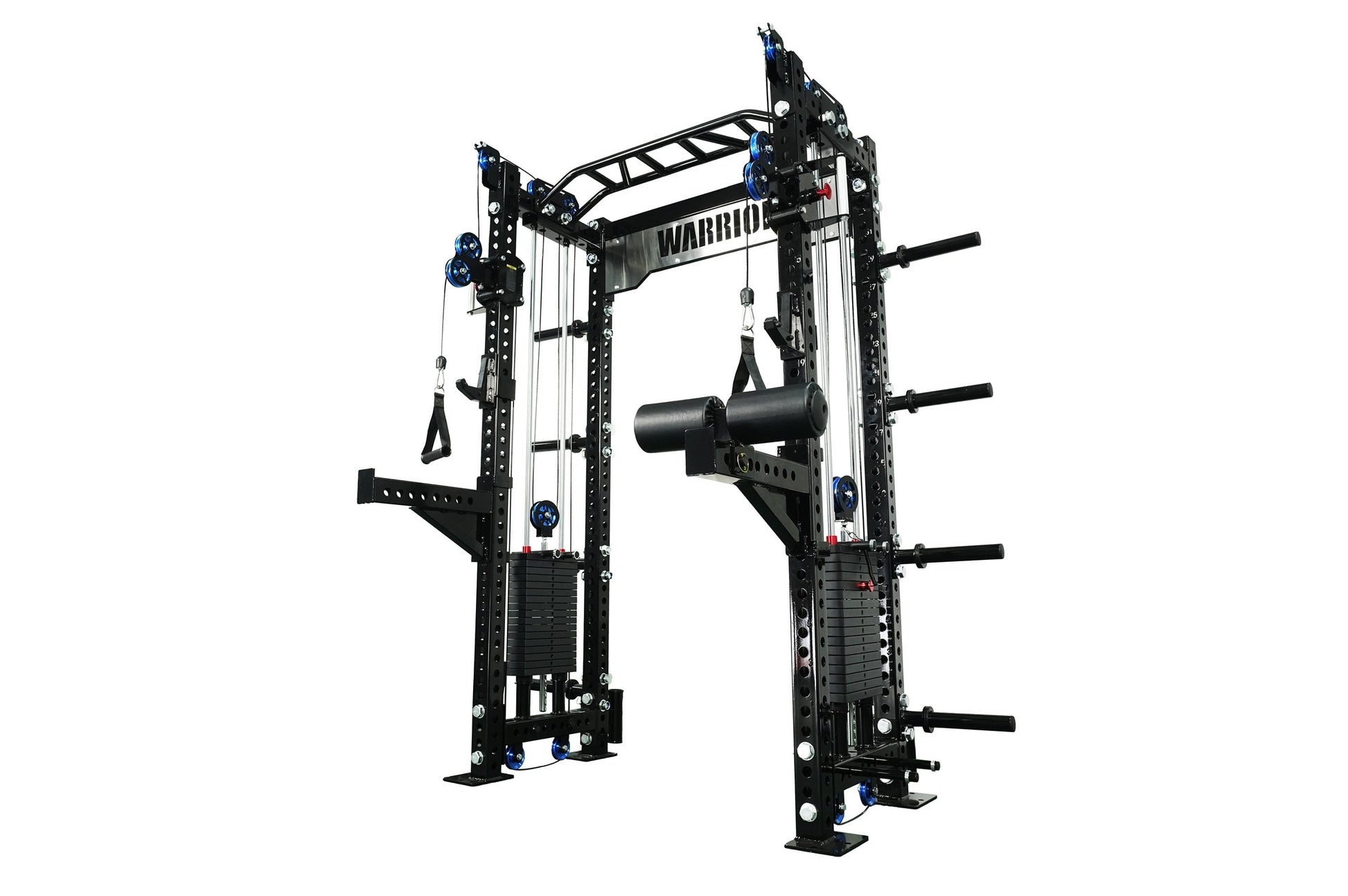 Warrior 2.0 black cable crossover pulley power rack gym system with blue pulleys and weight pegs on white background