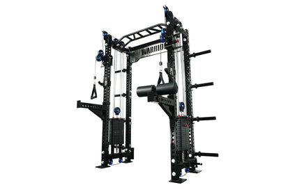 Warrior 2.0 black cable crossover pulley power rack gym system with blue pulleys and weight pegs on white background