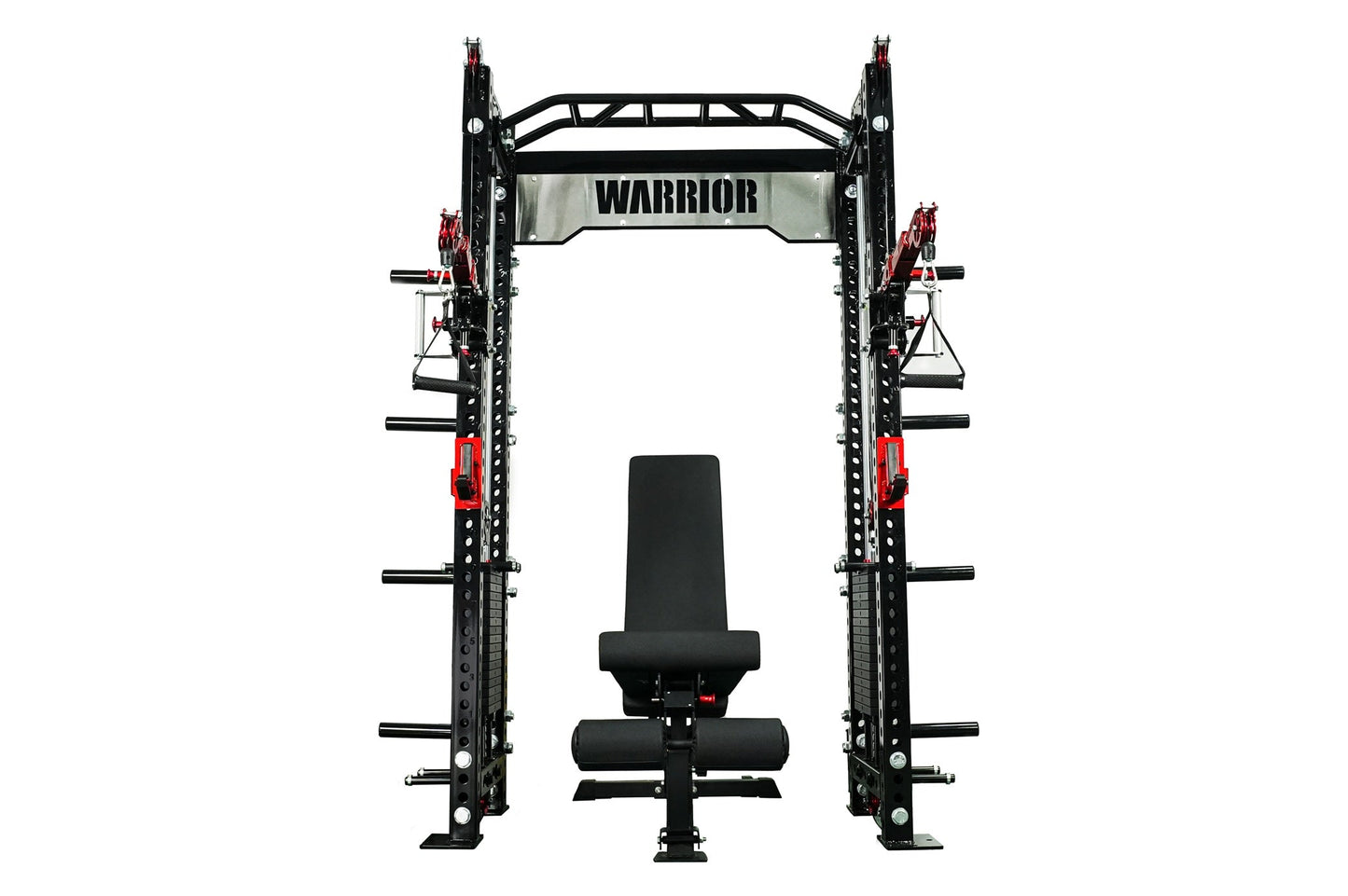 Warrior 2.0 black cable crossover power rack with red pulley system and attached black weight bench on white background