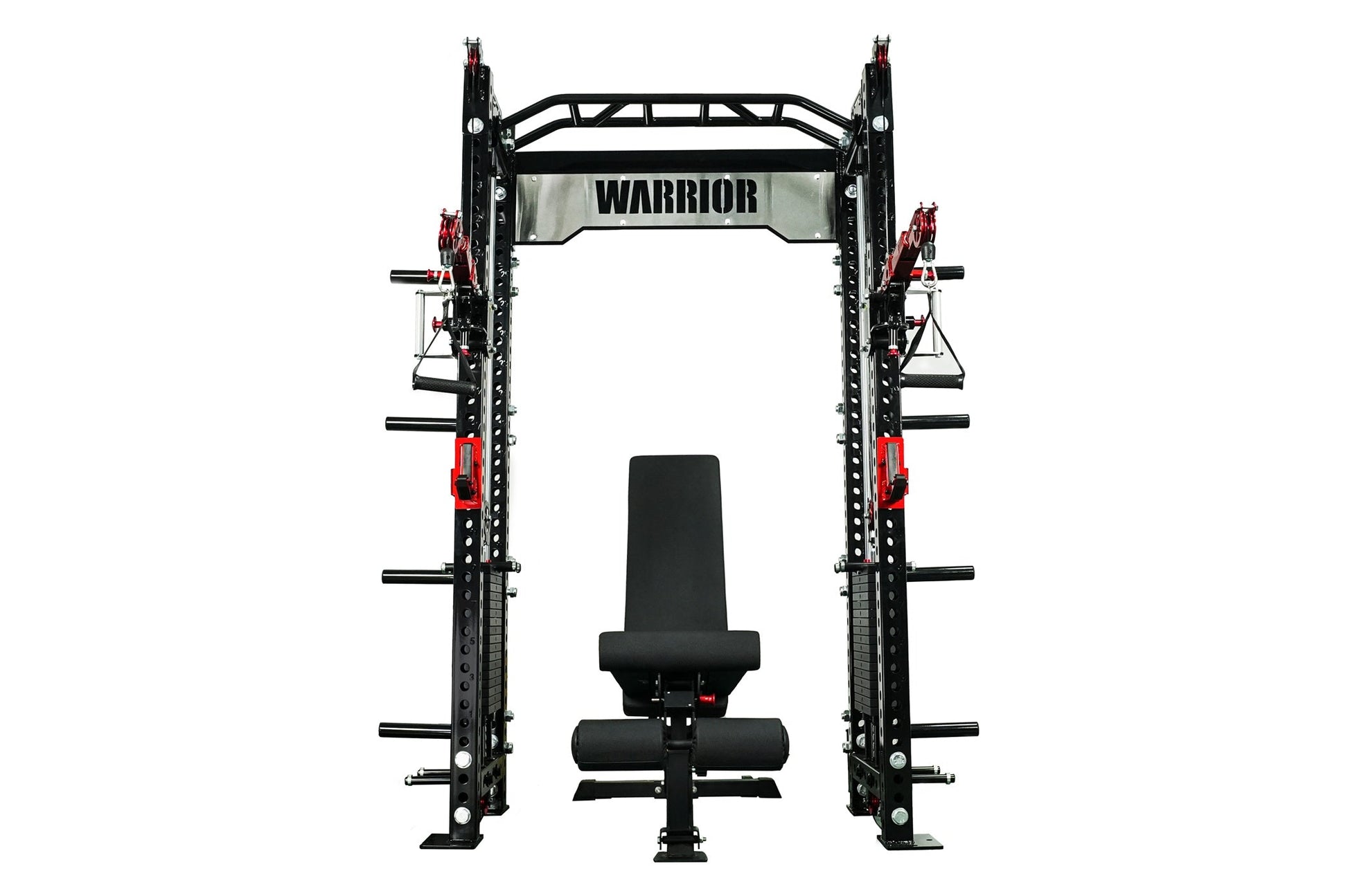 Warrior 2.0 black cable crossover power rack with red pulley system and attached black weight bench on white background