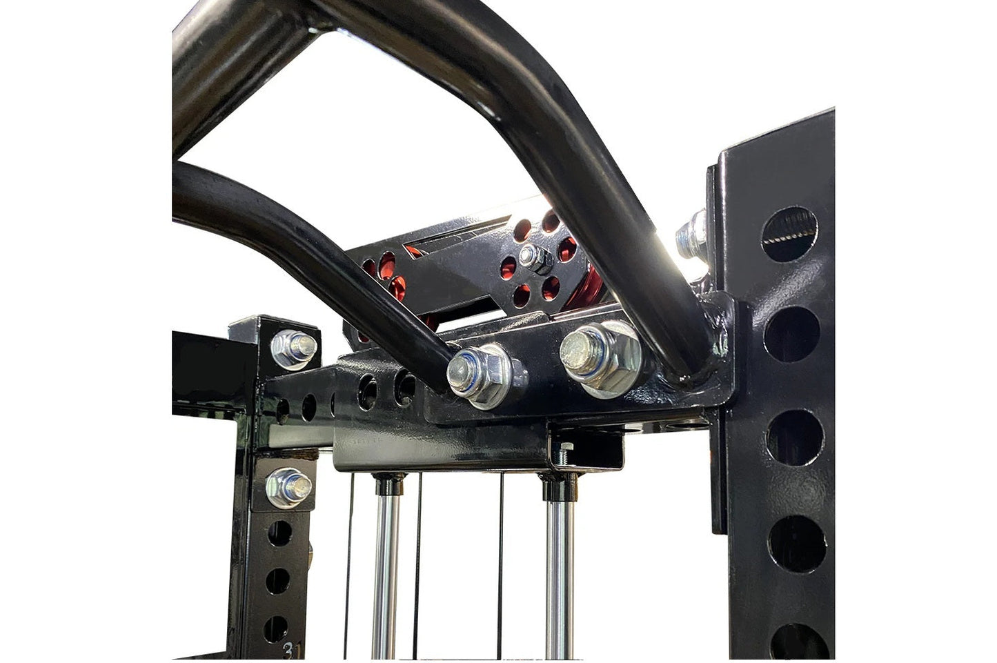 Black steel cable crossover pulley system with red accents, chrome handles, and integrated lat pulldown attachment on white b