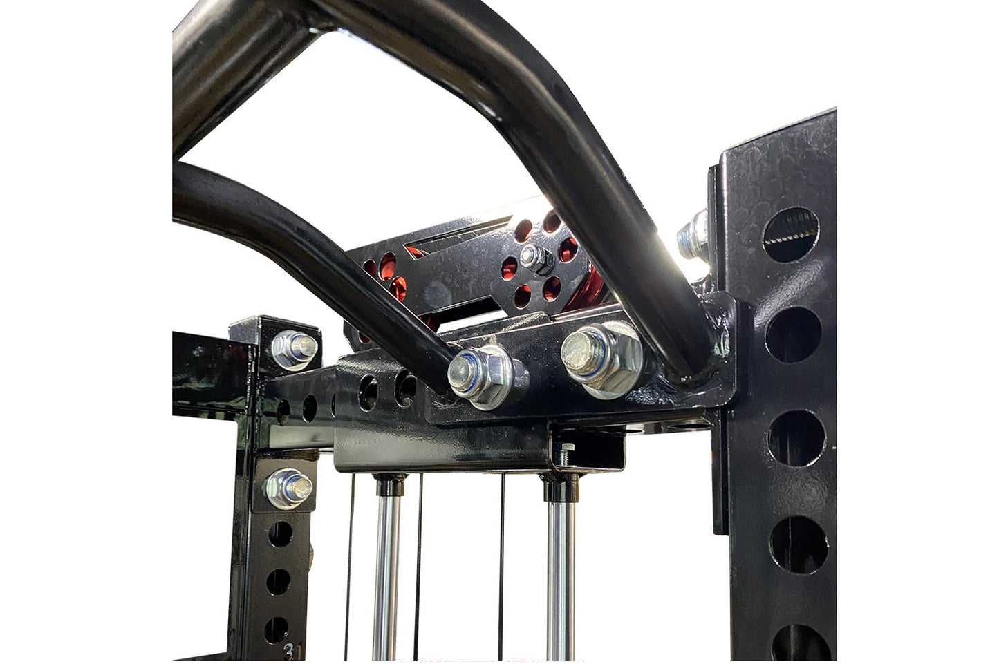 Black cable crossover pulley system with adjustable steel frame, metal pulleys, and connecting cables on white background