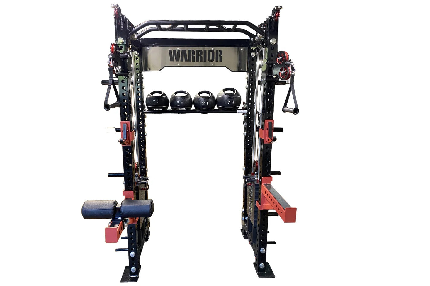 Warrior 2.0 black and red cable crossover power rack with kettlebells on shelf, viewed from front on white background