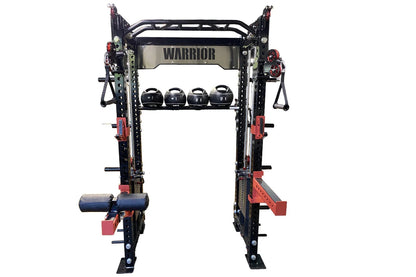 Warrior 2.0 black and red cable crossover power rack with kettlebells on shelf, viewed from front on white background