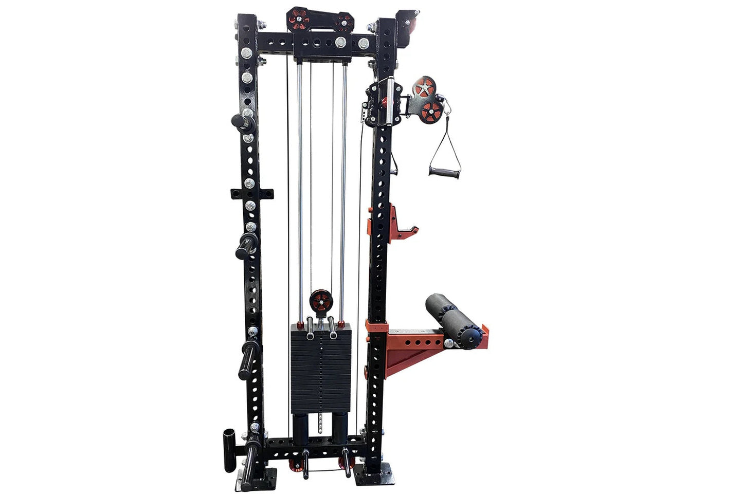 Black and red cable crossover pulley power rack gym system with dual weight stacks and adjustable arms on white background