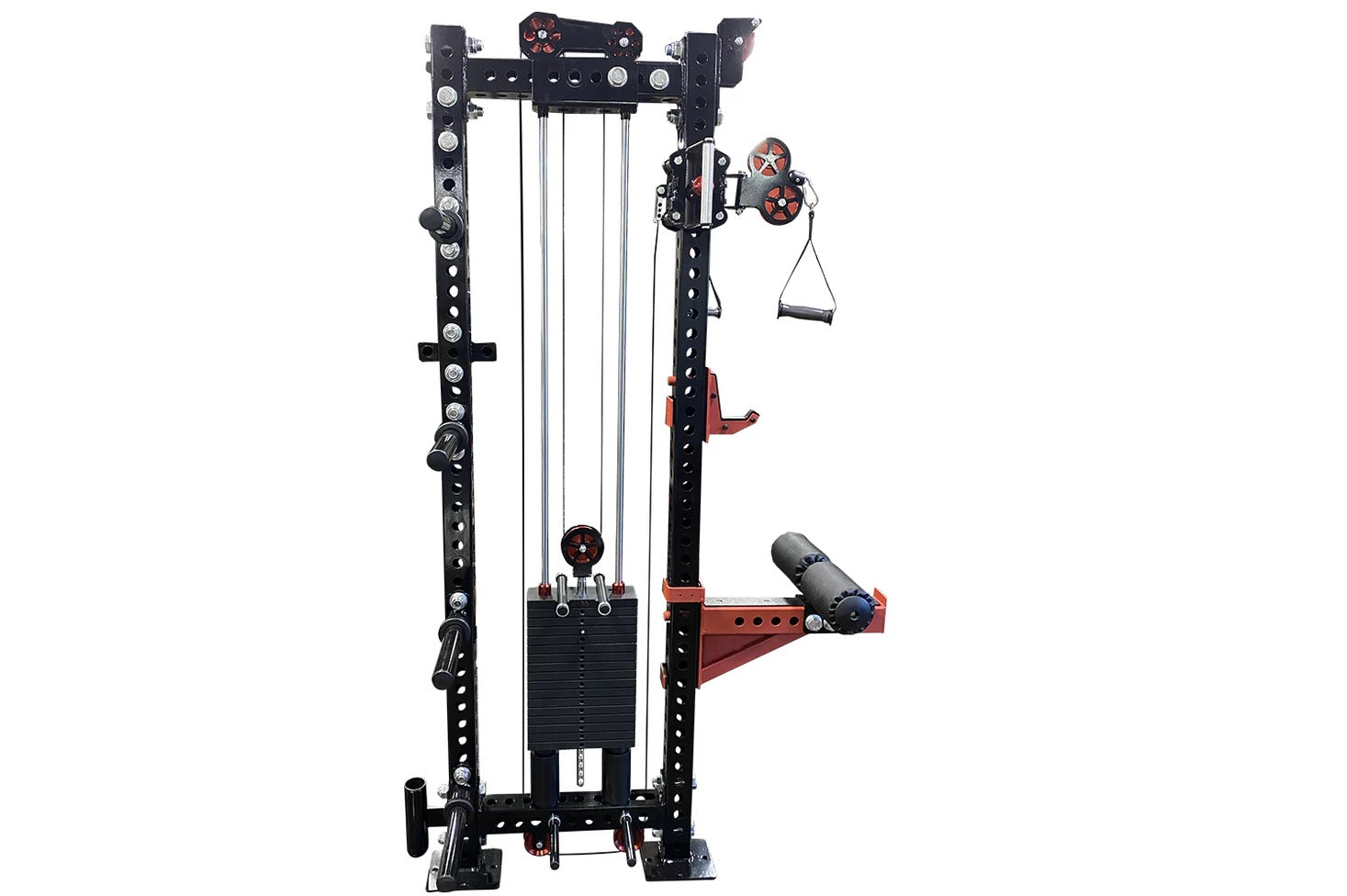 Black and red cable crossover pulley power rack gym system with dual weight stacks and adjustable arms on white background