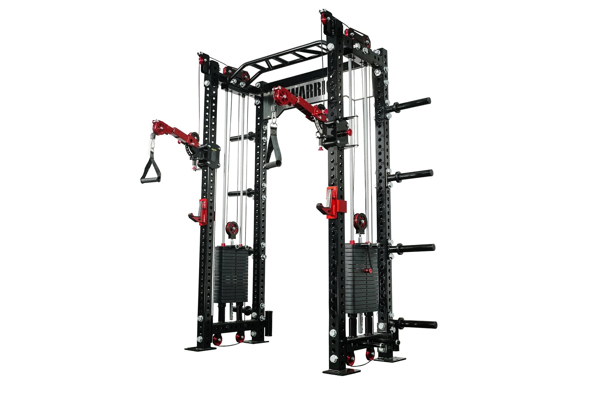 Warrior 2.0 black and red cable crossover pulley power rack with dual weight stacks and adjustable bars on white background