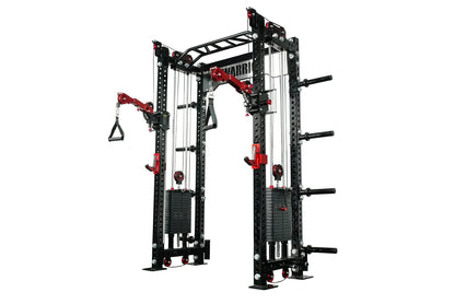Warrior 2.0 black and red cable crossover pulley power rack with dual weight stacks and adjustable bars on white background