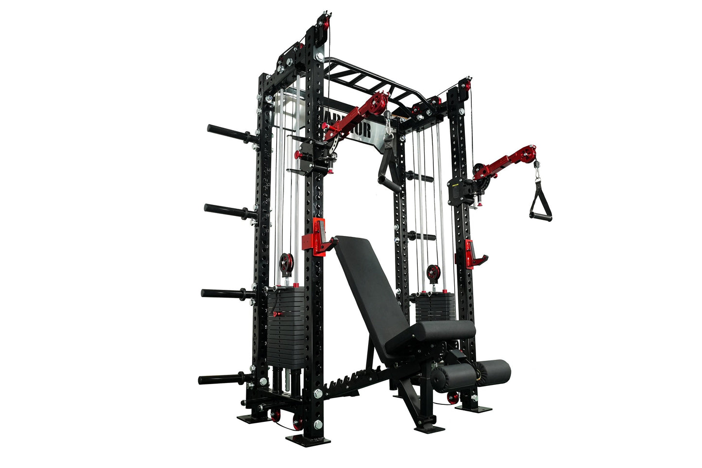 Black and red cable crossover pulley power rack with adjustable weight stacks, pull-down bars, and TRX suspension trainer on 