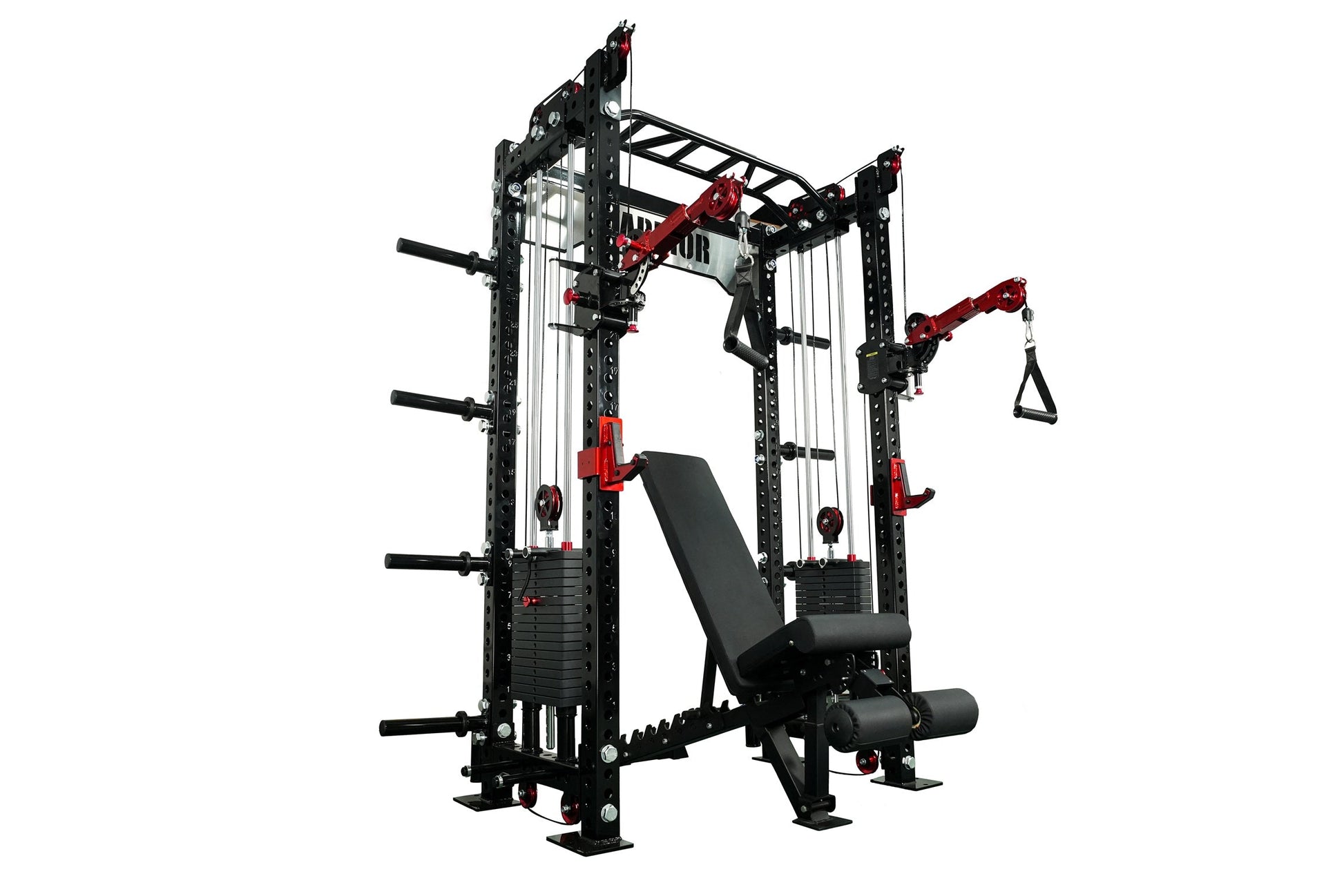 Black and red cable crossover pulley power rack with adjustable weight stacks, pull-down bars, and TRX suspension trainer on 