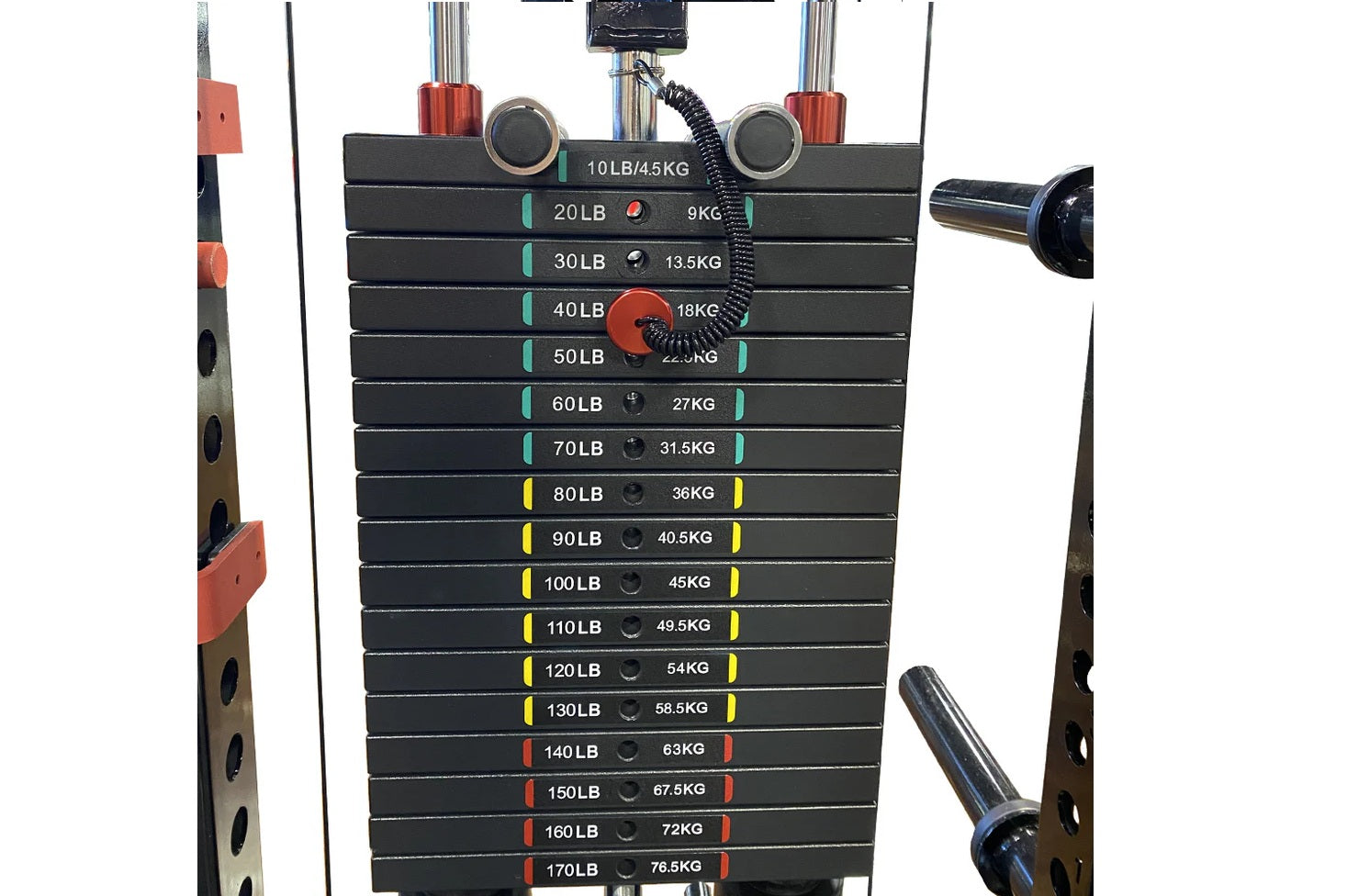 Black weight plate storage system with stacked plates labeled 10lb to 170lb, color-coded bands in green, yellow and red, moun