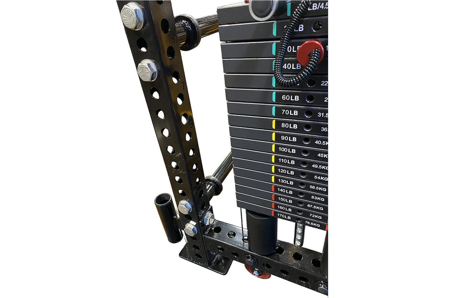 Black metal cable crossover pulley system with weight stack labeled 40LB to 170LB, red selector pin, and adjustable perforate