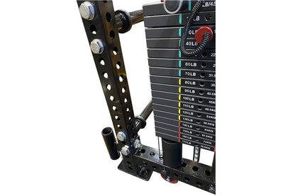 Black metal cable crossover pulley system with weight stack labeled 40LB to 170LB, red selector pin, and adjustable perforate