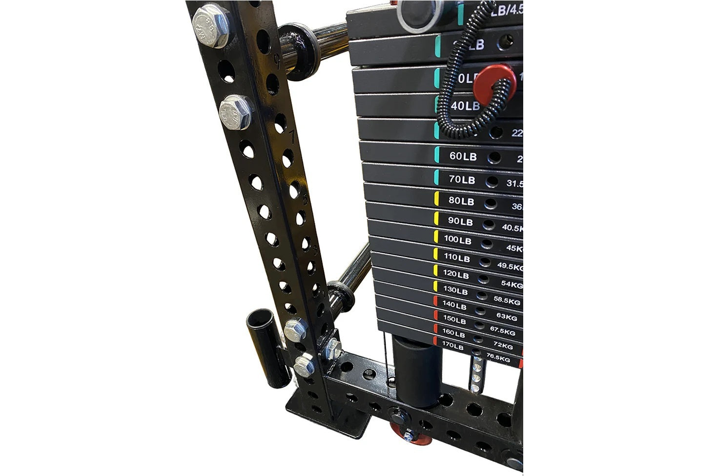 Black metal cable crossover pulley system with weight stack labeled 40LB to 170LB, red counterbalance dial, and adjustable pe