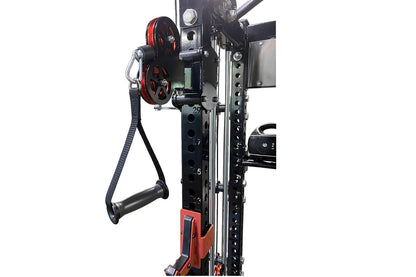Warrior 3.5 cable crossover power rack with dual red pulleys, black frame, and lat pulldown attachment on white background