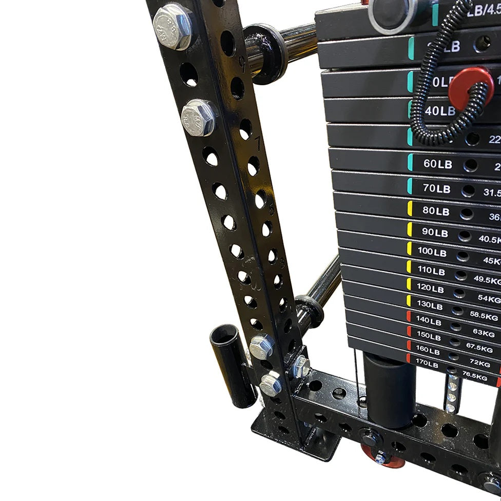 Black metal cable crossover machine with perforated uprights, weight stack labeled 40LB to 170LB with teal and yellow indicat