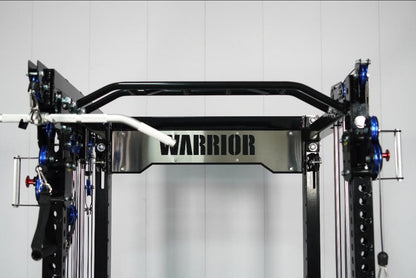 Warrior 3.5 cable crossover pulley power rack with black frame, blue pulleys, and stainless steel center plate on white backg
