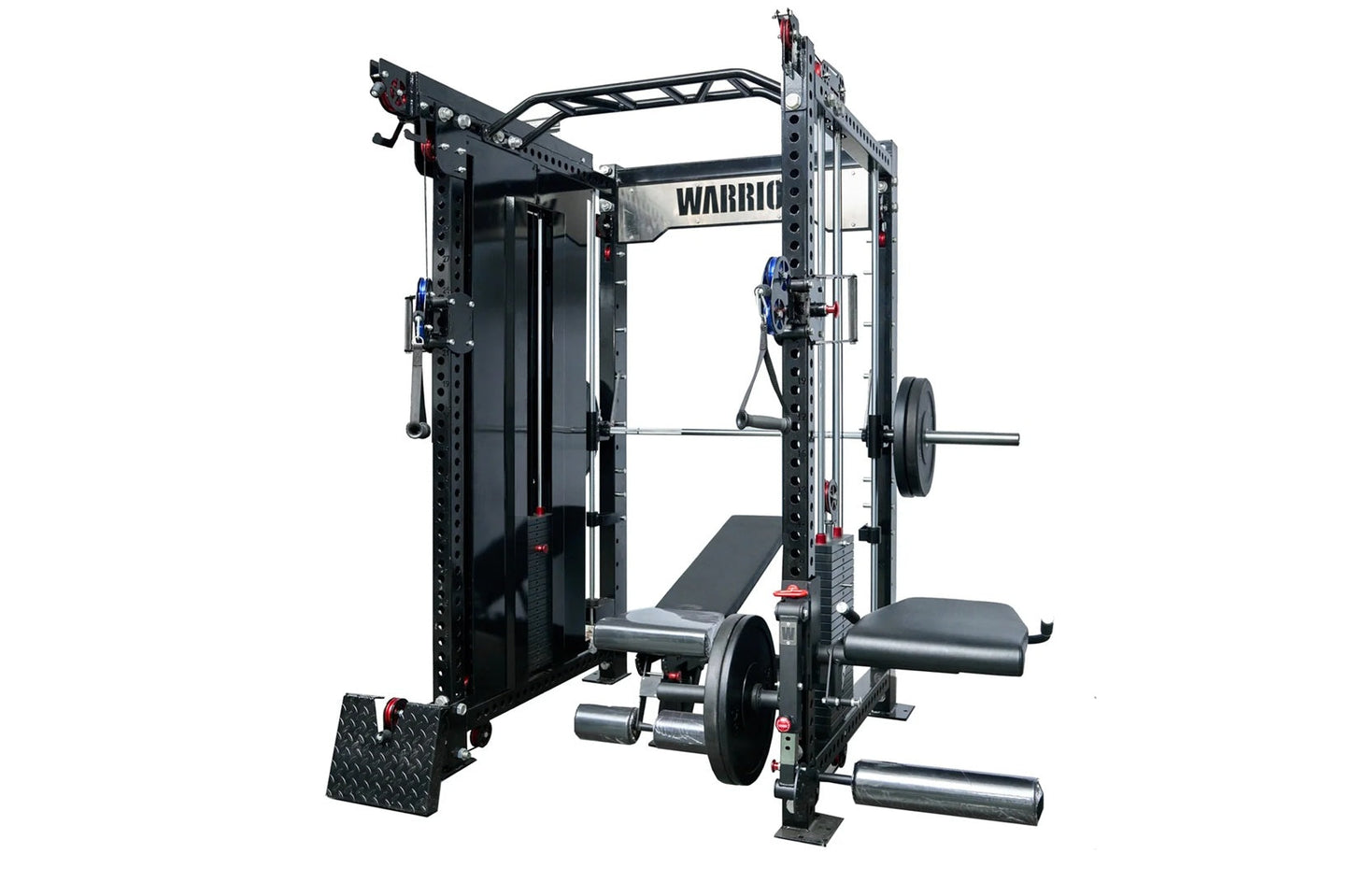 Warrior 3.5 black cable crossover pulley power rack with lat pulldown, barbell, and weight plates on white background