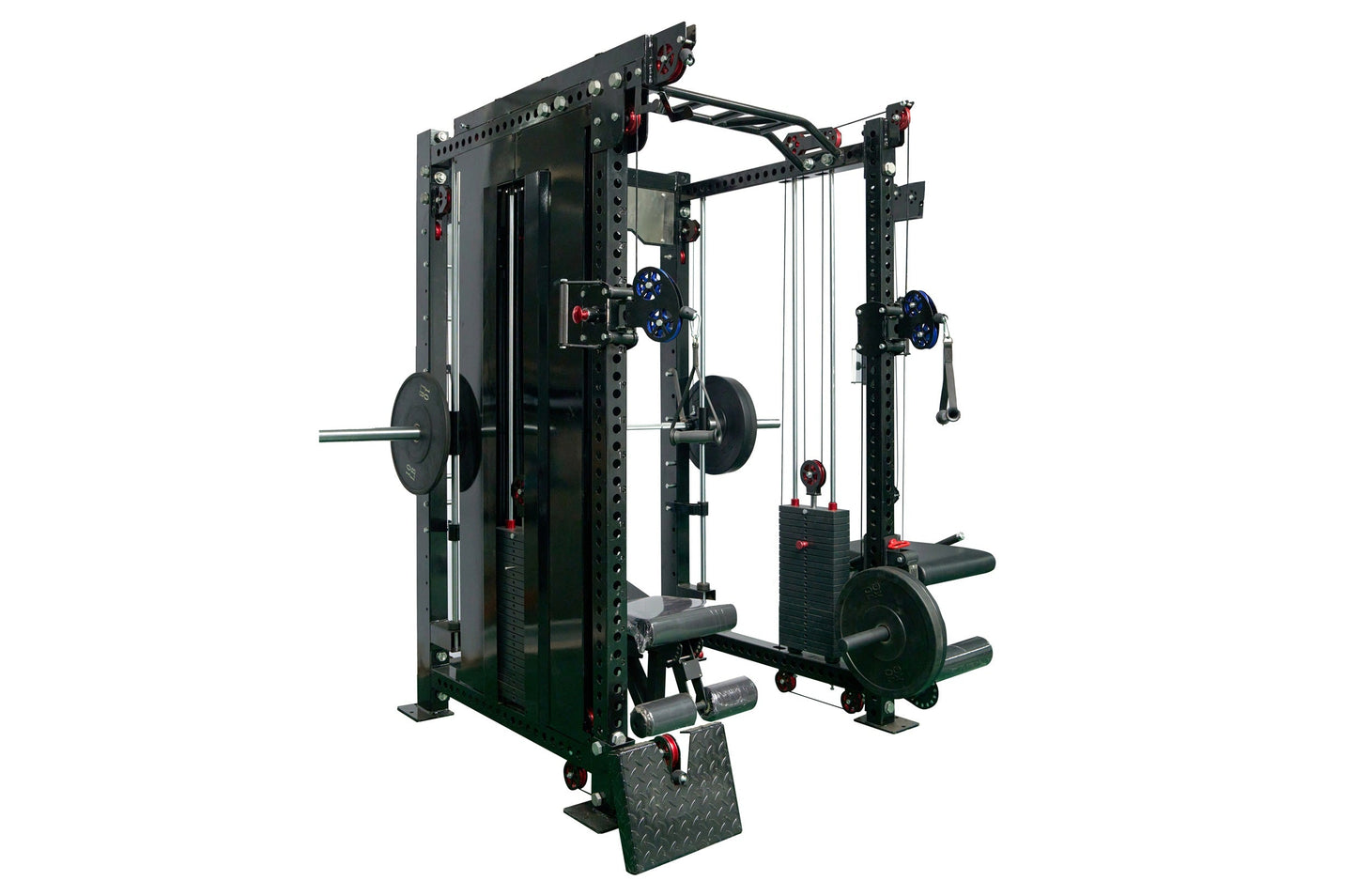 Black multi-station power rack with cable crossover, lat pulldown attachment, barbell weight plates, and adjustable pulleys o