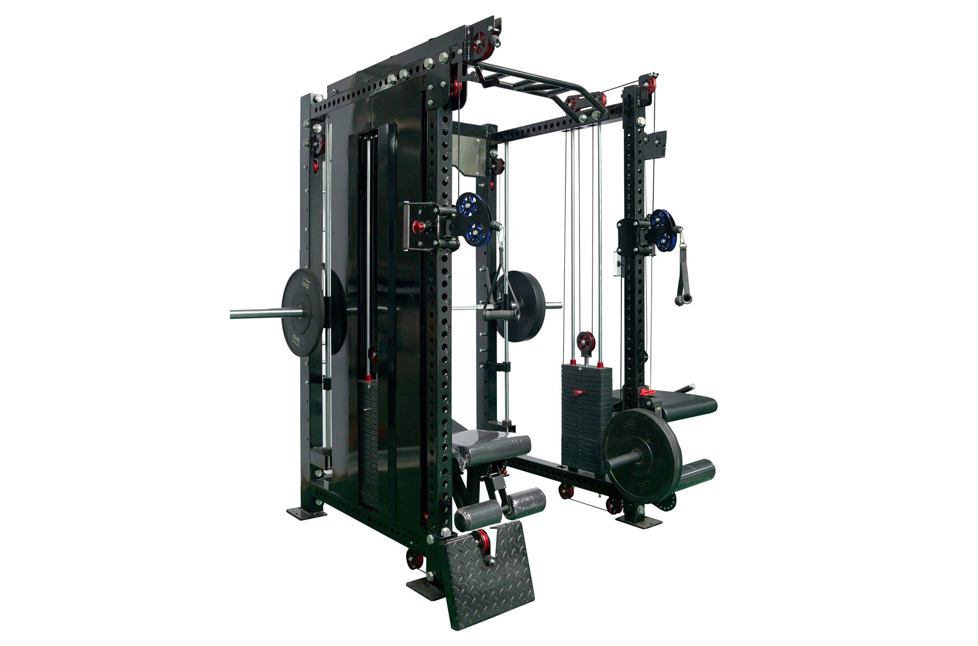 Black multi-station power rack with cable crossover, lat pulldown attachment, barbell weight plates, and adjustable pulleys o