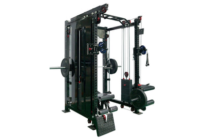 Black multi-station power rack with cable crossover, lat pulldown attachment, barbell weight plates, and adjustable pulleys o
