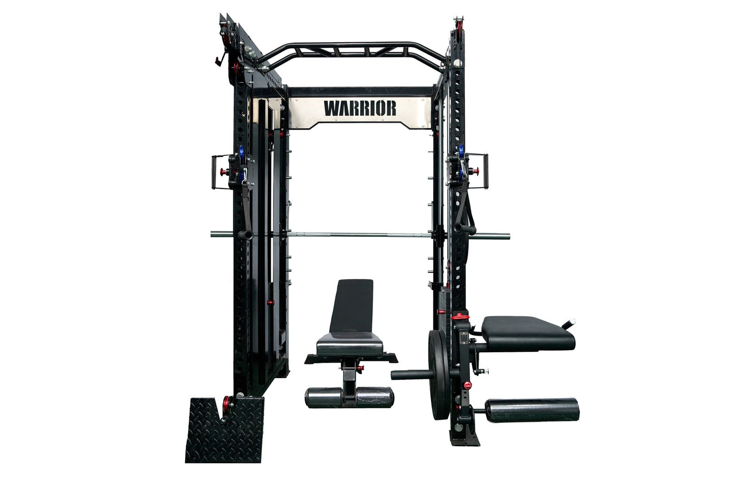 Warrior black steel cable crossover power rack with dual pulleys, lat pulldown attachment, and adjustable weight plates on wh