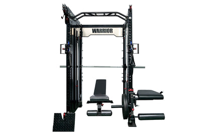 Warrior black steel cable crossover power rack with dual pulleys, lat pulldown attachment, and adjustable weight plates on wh