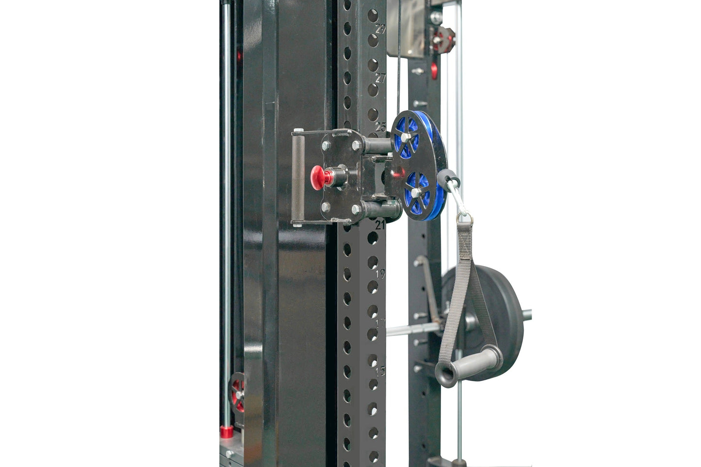 Black cable crossover pulley system with blue and red adjustment wheels mounted on perforated power rack frame, lat pulldown 