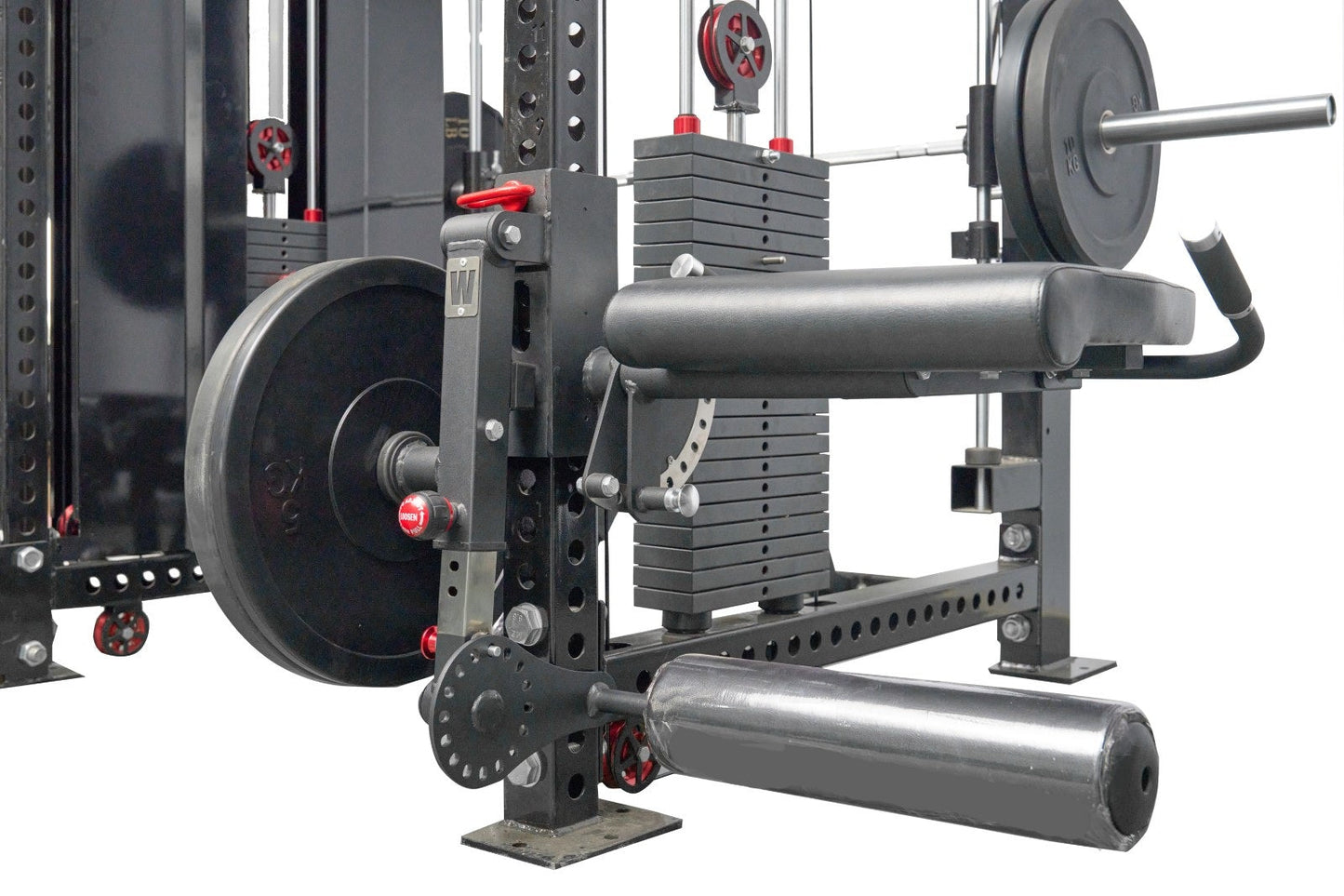 Black and red multi-function gym power rack with cable crossover, lat pulldown pulley system, and weight plate storage on whi