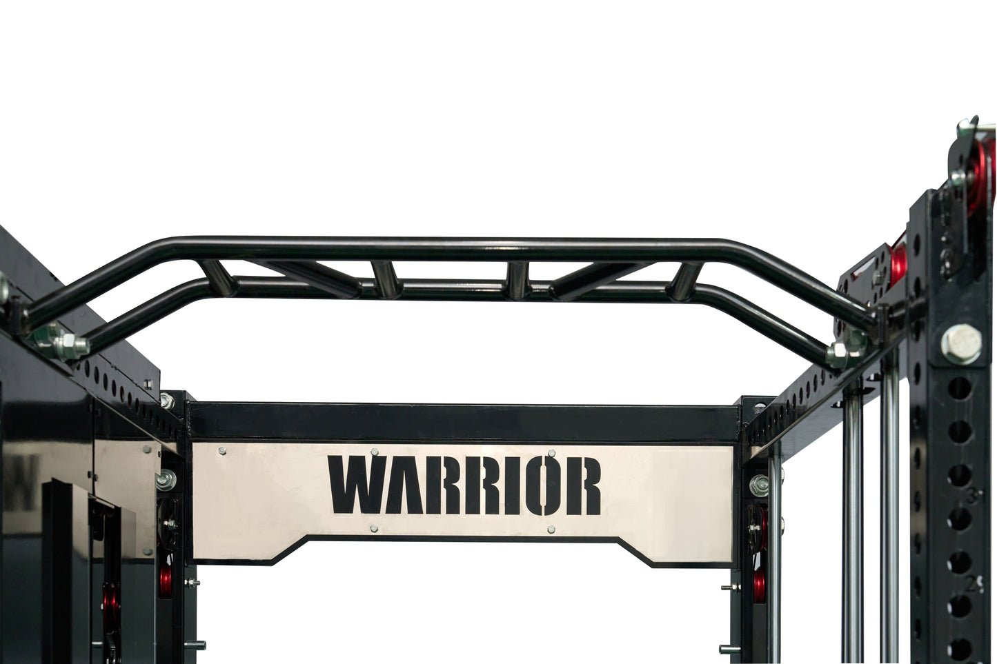 Black metal cable crossover power rack with "Warrior" branding on cream panel, featuring lat pulldown attachment and red indi