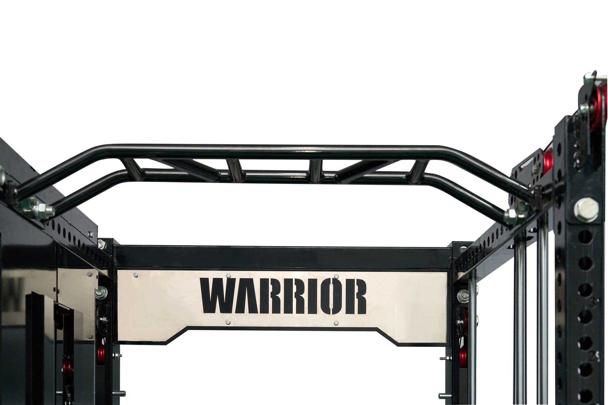 Black metal cable crossover power rack with "Warrior" branding on cream panel, featuring lat pulldown attachment and red indi