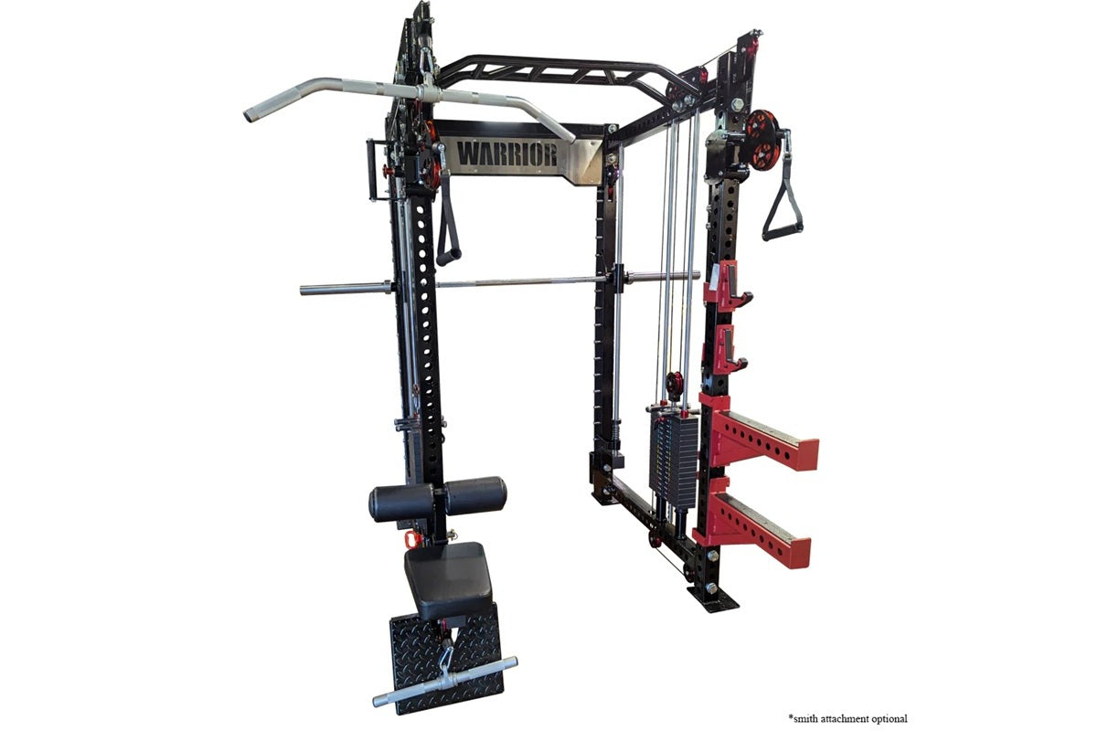 Warrior black and red cable crossover power rack with dual pulley systems, lat pulldown attachment, and leg press platform on