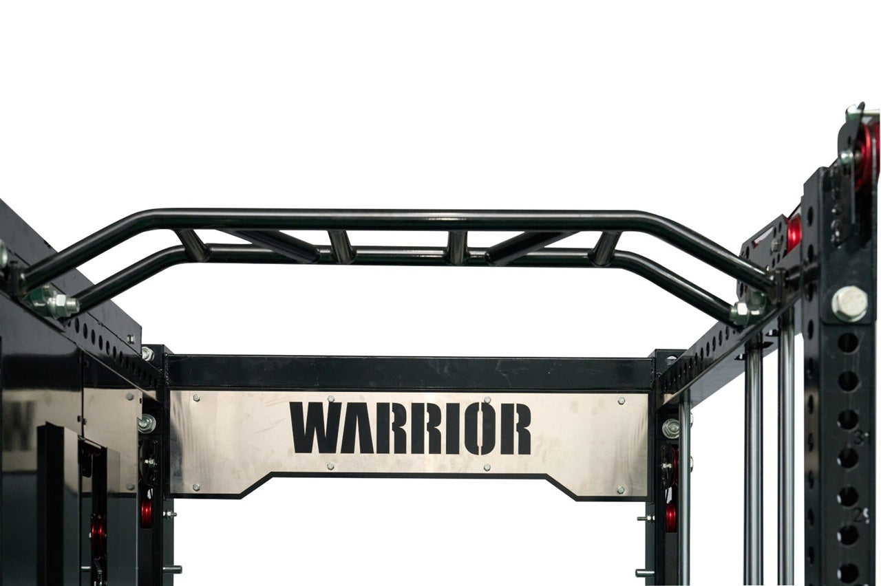 Black steel cable crossover pulley power rack with "Warrior" branding on silver nameplate, red indicator lights, and overhead