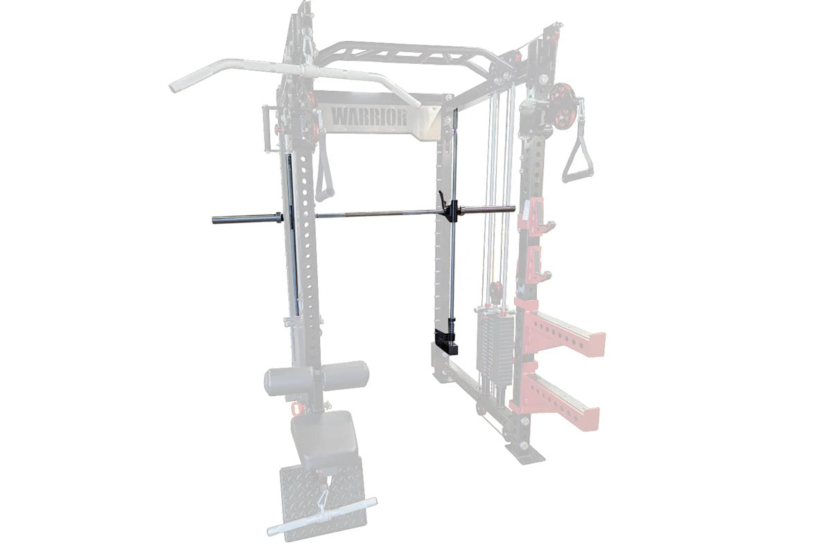Warrior cable crossover pulley power rack with lat pulldown attachment and adjustable weight stack, shown on white background