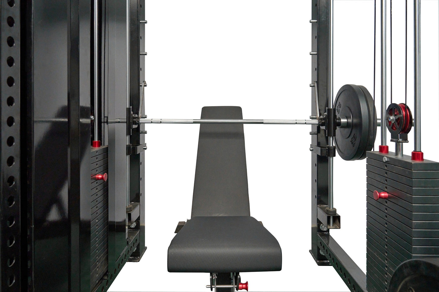 Black power rack with cable crossover system, lat pulldown machine, and weight plates, viewed from front with loaded barbell 