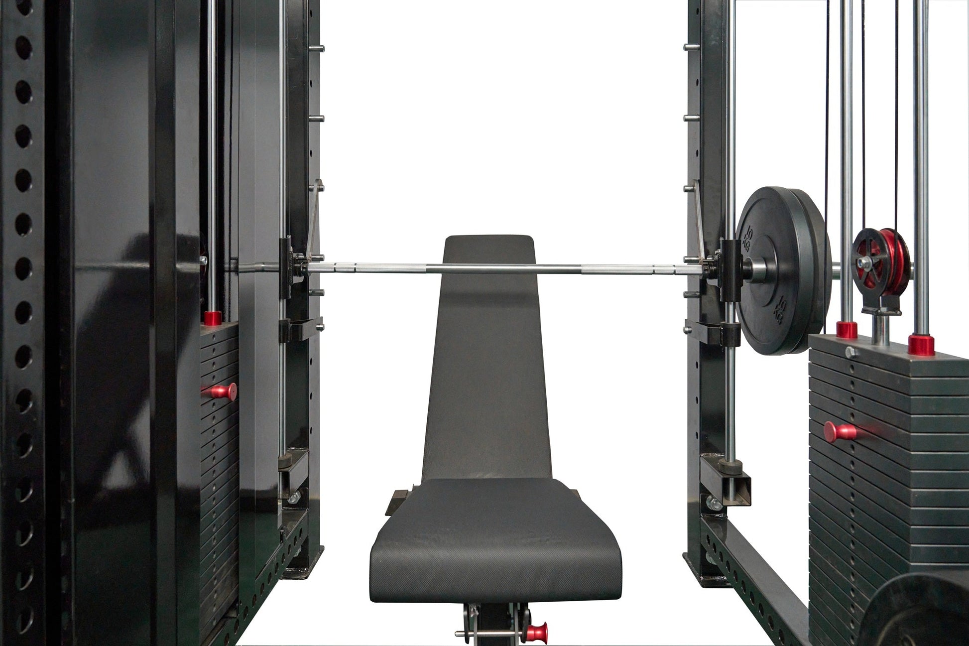 Black power rack with cable crossover system, lat pulldown machine, and weight plates, viewed from front with loaded barbell 