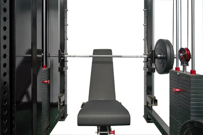 Black power rack with cable crossover system, lat pulldown machine, and weight plates, viewed from front with loaded barbell 